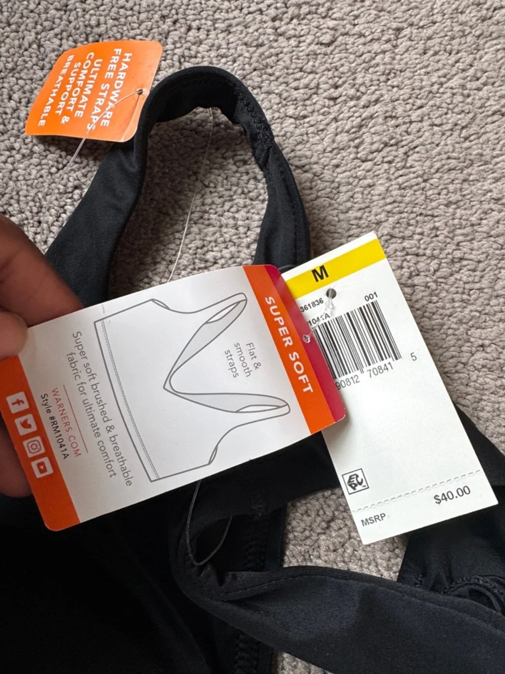 Warner’s Cloud 9 Wireless Bra Black Comfort Support SIZE M